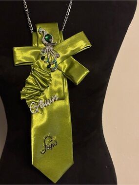 Lime Green Satin Statement Necklace with Crystal Peacock Accent